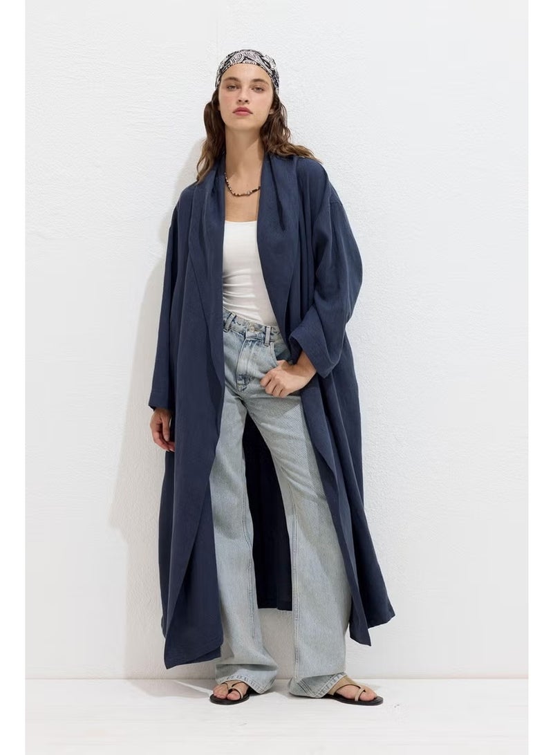 Manuka Hooded Linen Trench Coat Navy Blue - Image 1